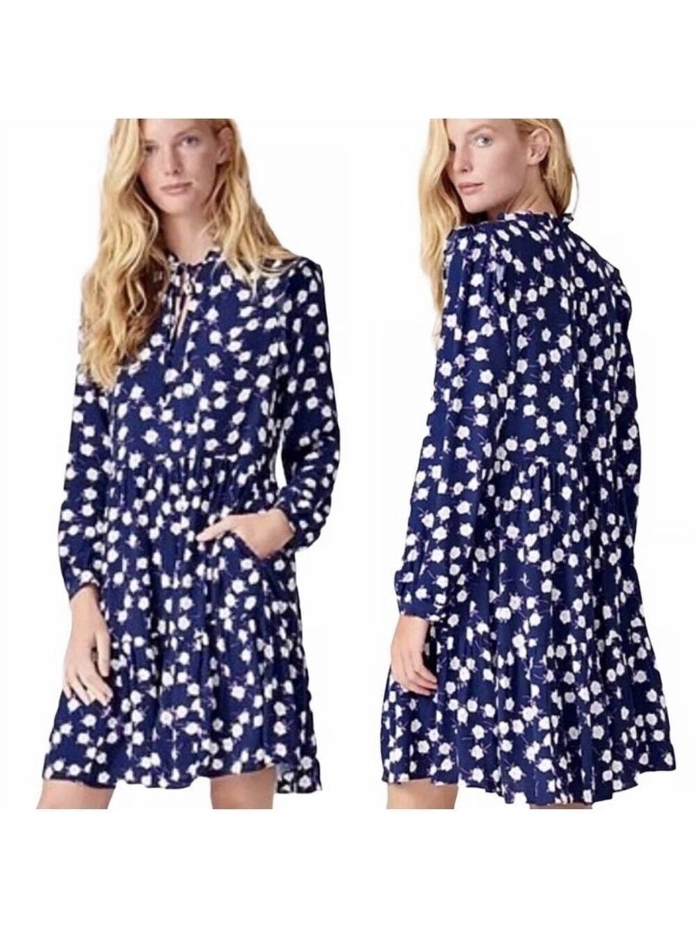 J. Crew Navy Floral Long Sleeve Tiered Ruffle
Dress In Scattered Peony Size M